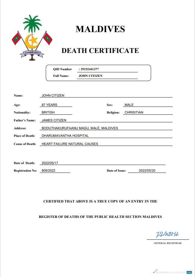 Download Maldives vital record death certificate Word and PDF template Photoshop template